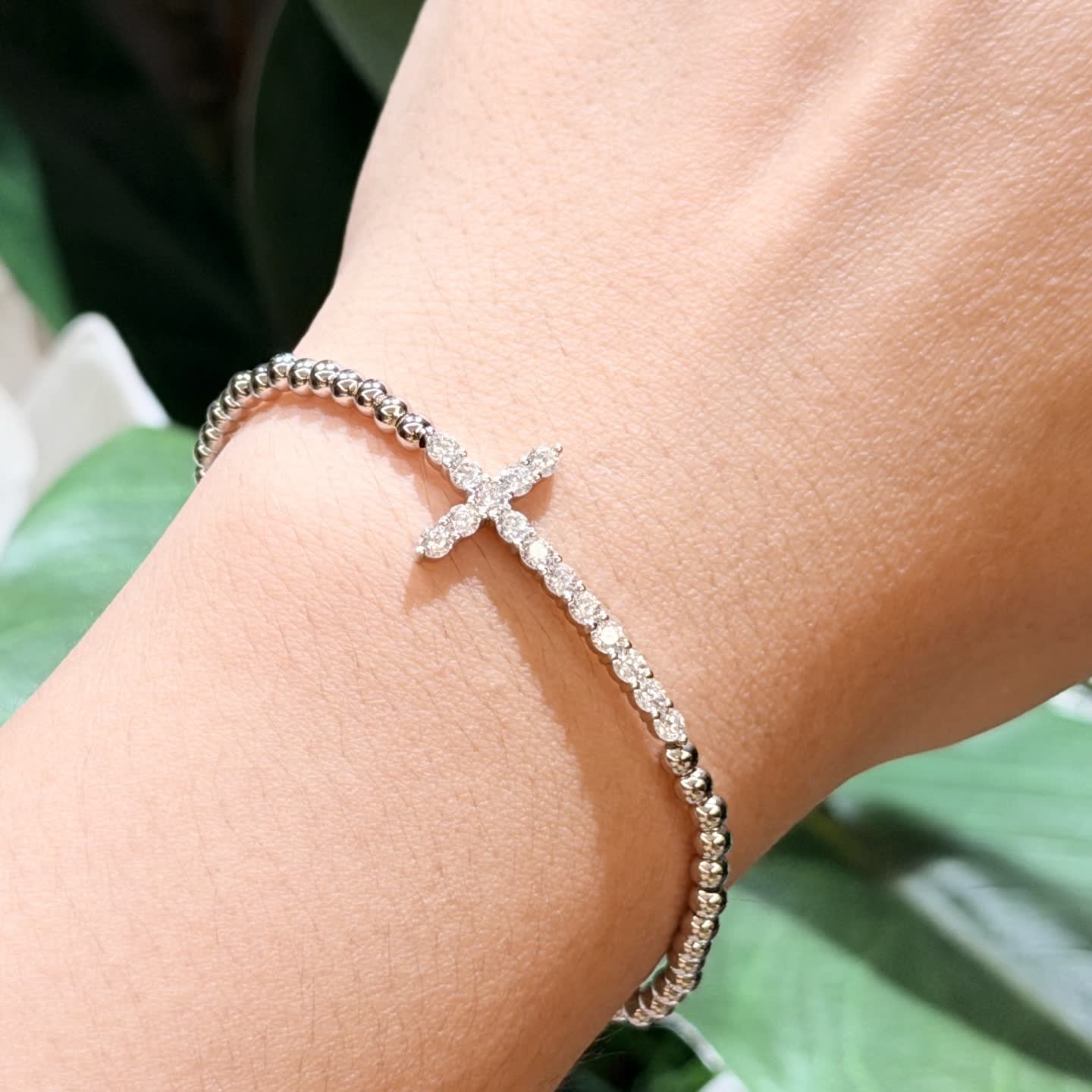 Chrome Hearts Silver Beaded Bracelet with Cross Charm